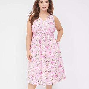 Lane Bryant sleeveless pink floral swing dress v-neckline gathered waist Size 22